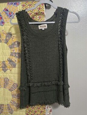 Pepin Olive Green Knit Fringe Sleeveless Top